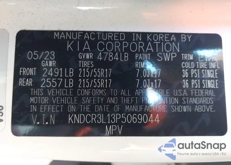 2023 Kia Niro Ev Wind z USA, uszkodzony, nr VIN KNDCR3L13P5069044